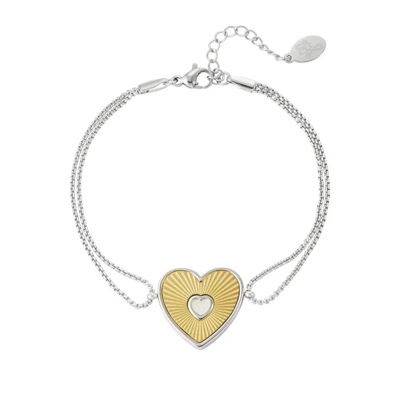 Pulsera de acero doble en plata con corazón grande con relieve dorado