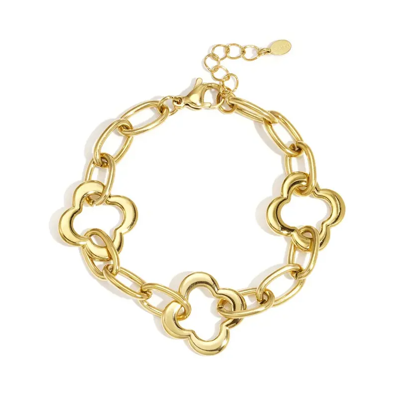 Pulsera de acero eslabones grandes con figura de trébol acabado oro