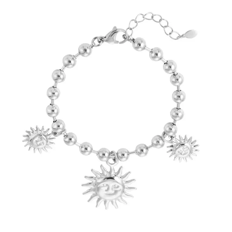 Pulsera de acero inoxidable con cuentas esféricas y tres soles colgando acabado plata - mbyou
