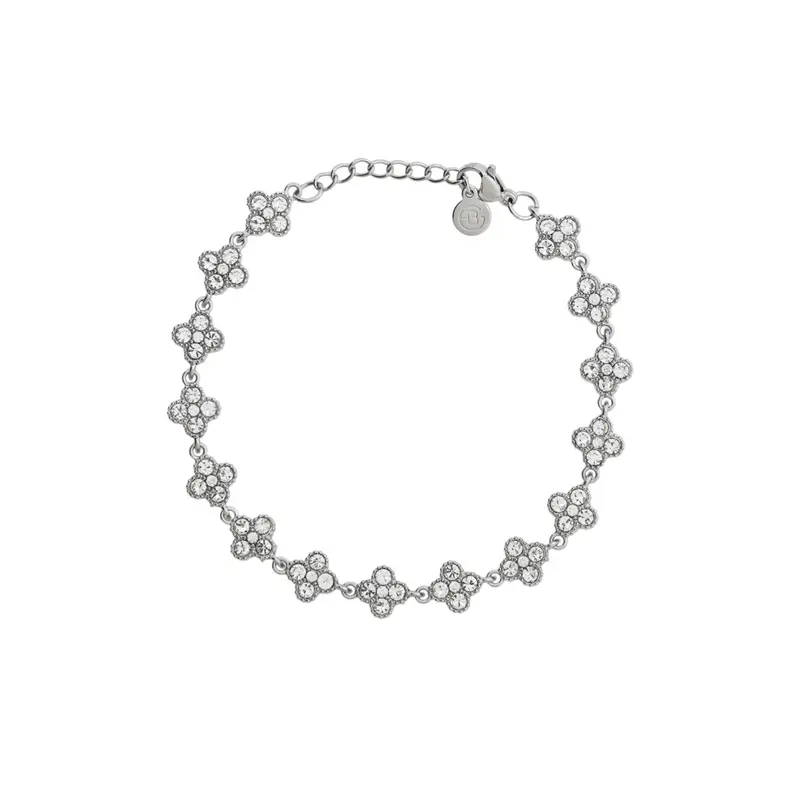 Pulsera de acero inoxidable con flores de circonitas y acabado plata