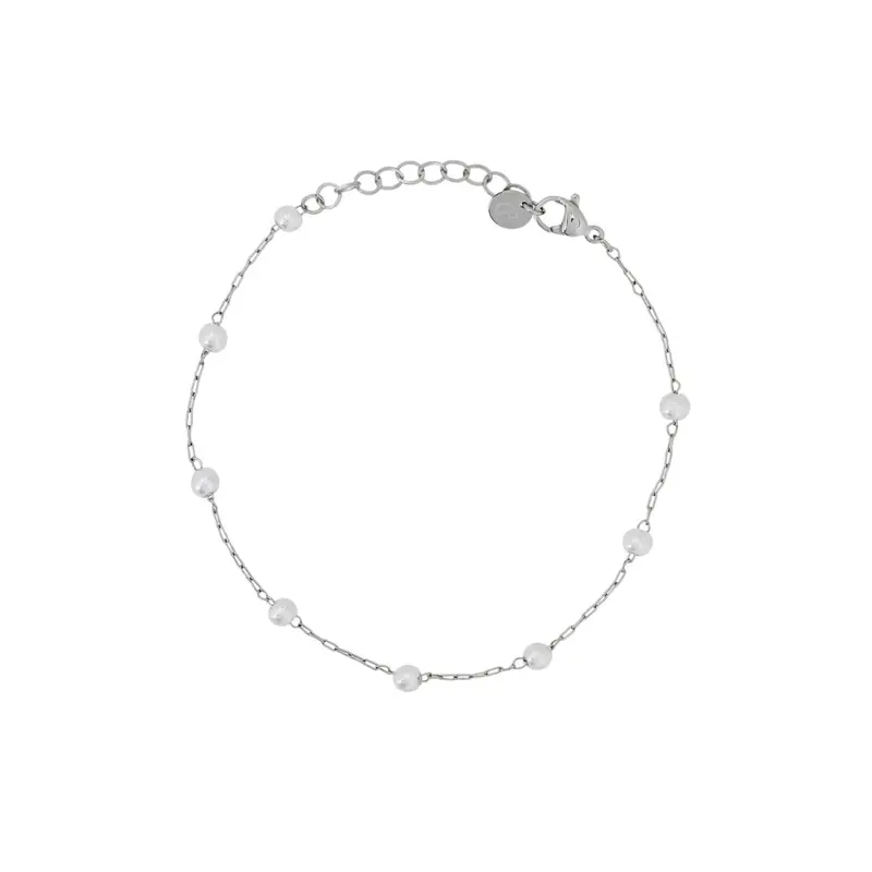 Pulsera de acero inoxidable con perlas pequeñas y acabado plata