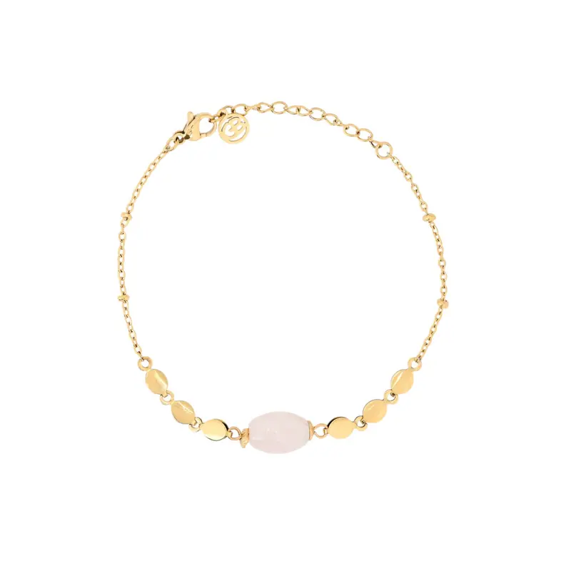 Pulsera de acero inoxidable con piedra redonda de color rosa acabada oro - mbyou