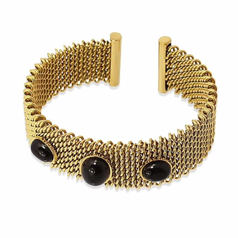 Pulsera de acero inoxidable quirúrgico rígida de malla y piedra natural color negro acabado oro - mbyou