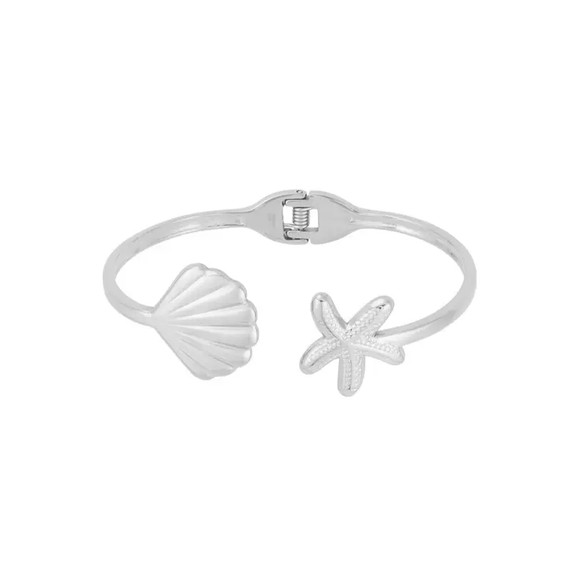 Pulsera de acero inoxidable semirígida con muelle y detalles concha y estrella marina acabado plata - mbyou