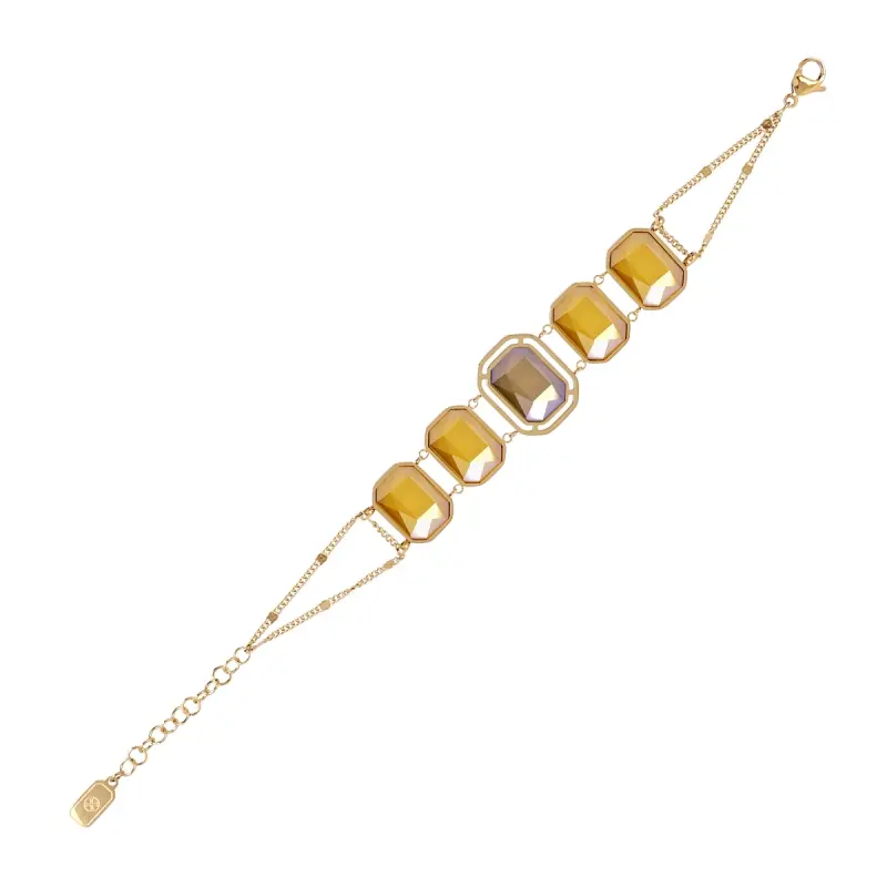 Pulsera de acero quirúrgico con piedras de cristal facetadas en tonos mostaza y marrón gris