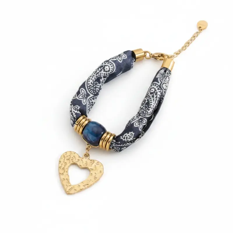 Pulsera de acero y tela con estampado mándala y dije en diferentes formas
