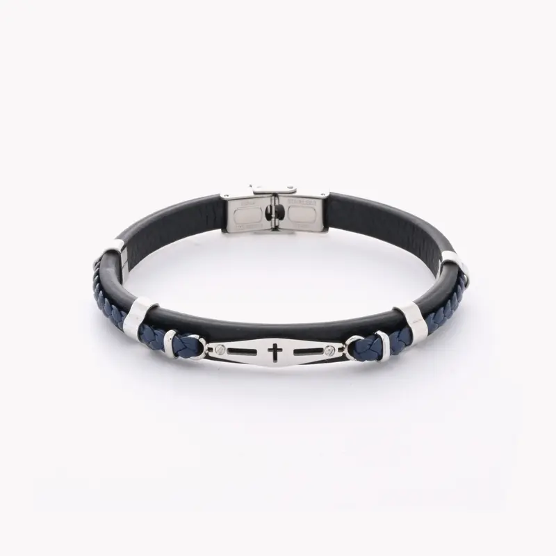 Pulsera de hombre de acero inoxidable trenzada con cruz y detalle azul - mbyou