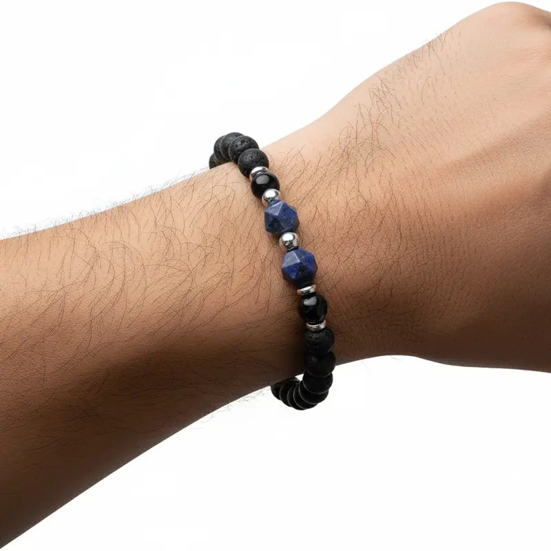 Pulsera hombre piedras volcánicas y piedras marmoladas acabado plata