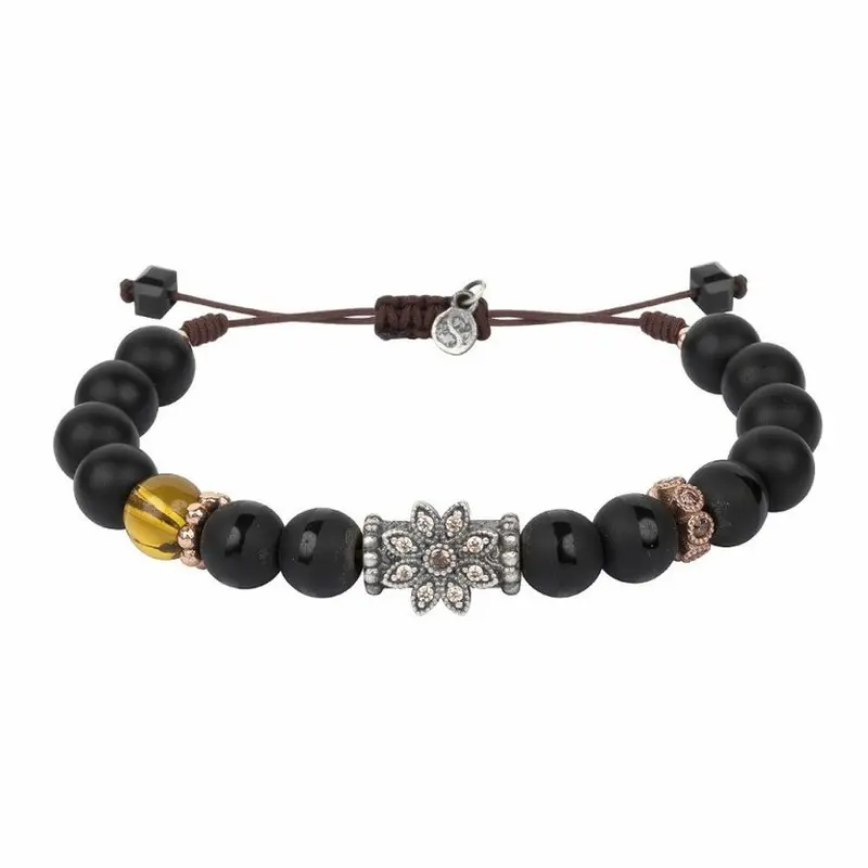 Pulsera SUNFIELD de plata, ónix, cristal, resina amarilla, circonitas y nailon PU061467