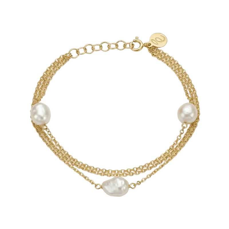 Pulsera triple cadena con perlas naturales plata de ley y baño oro 18K