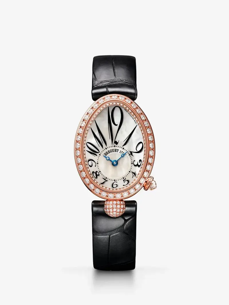 Reloj Breguet Reine de Naples de oro rosa de 18K, nácar y diamantes, pulsera de piel, con cristal de zafiro y movimiento mecánico