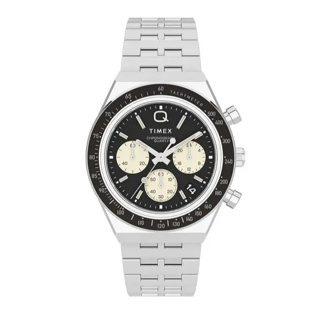 Reloj Timex Q diver inspirado en crono (40 mm) con esfera negra y brazalete de acero inoxidable TW2V42600