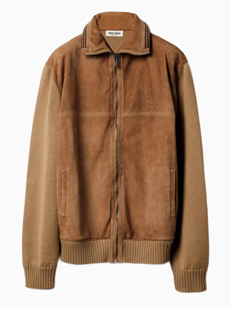 Suede-insert ribbed cardigan
