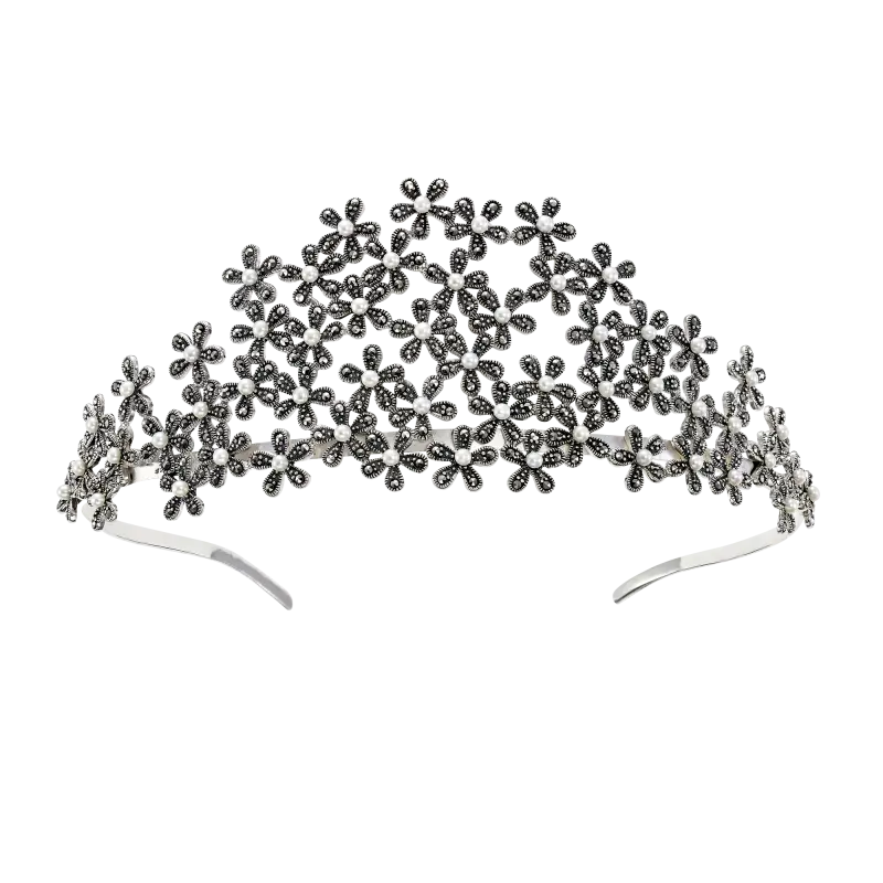 Tiara flores marcasitas y perlas, plata