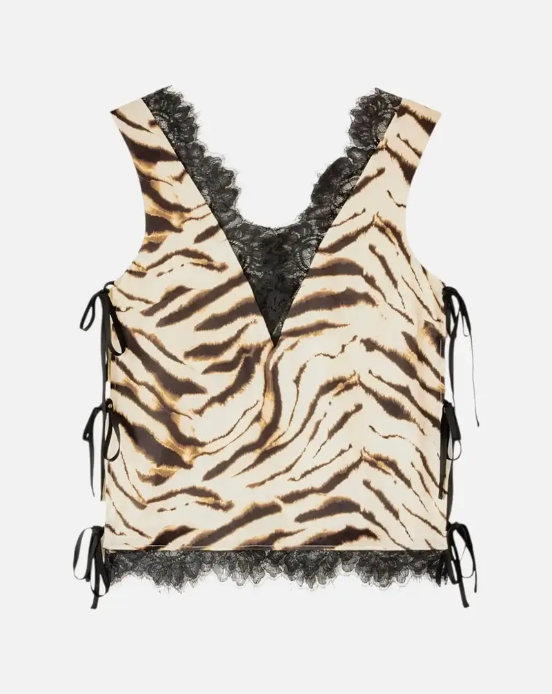 Top Ganni Printed Stretch Satin V-neck Lace Slip