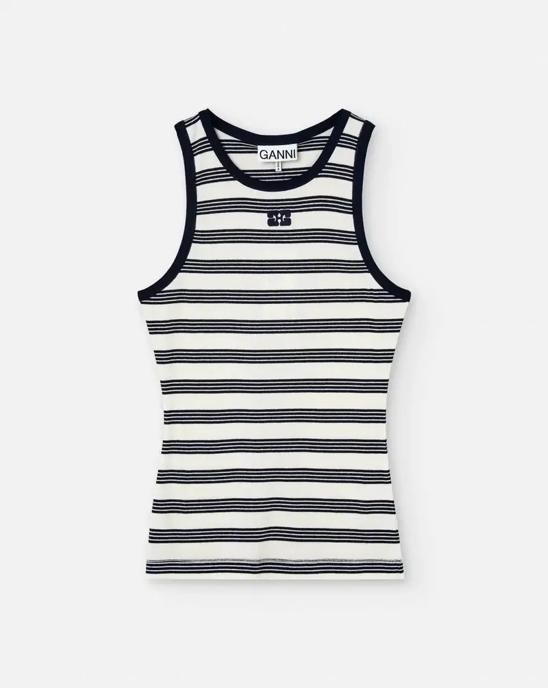 Top Ganni Striped Soft Cotton Rib Tank Top