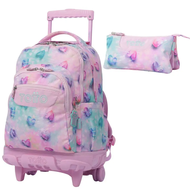 TOTTO Mochila escolar con ruedas Renglones + Estuche Tablero - 1KB Shiny Heart