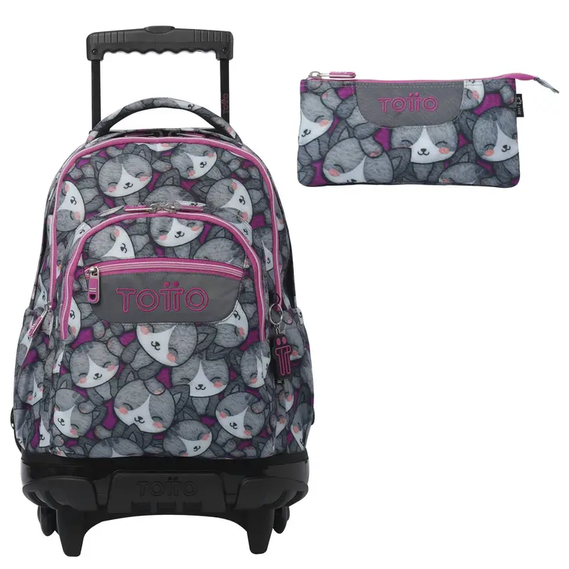 TOTTO Mochila escolar con ruedas Renglones + Estuche Tablero - 7YI Kitten Rose