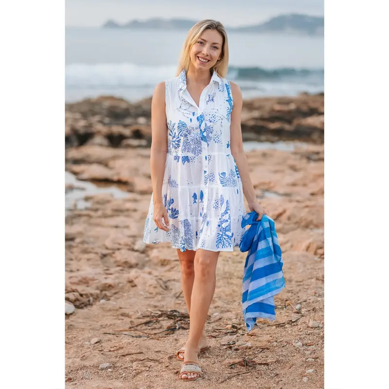 Vestido Corto Blanco con Estampado Azul Marino Vestido Verano Mujer