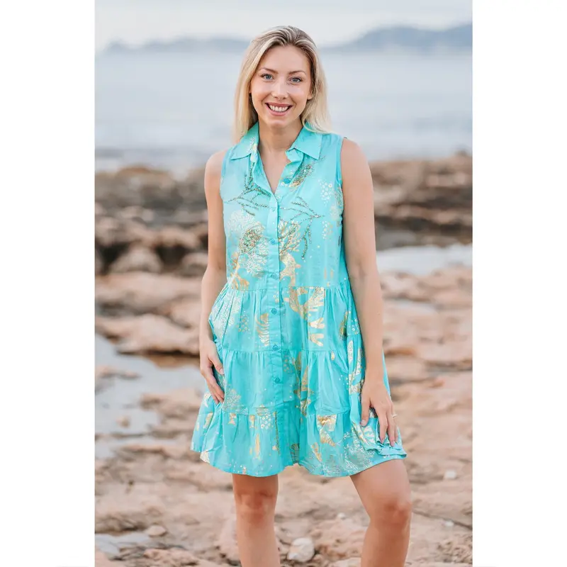 Vestido Corto Turquesa Sin Mangas con Estampado Dorado Vestido Verano Mujer