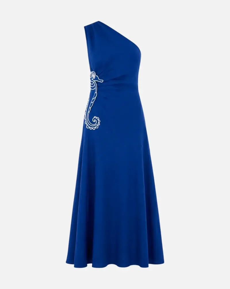 Vestido Farm Rio Seahorse Blue Embroider One Shoulder