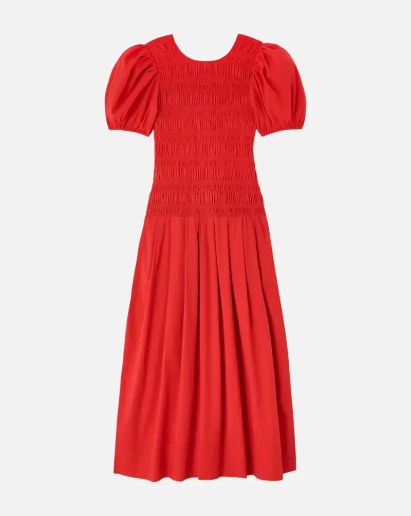 Vestido Ganni Stretch Cotton Long Smocked Pleated Dress
