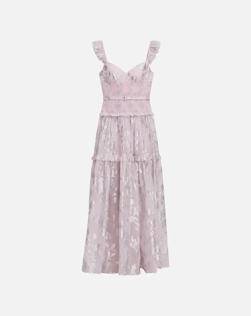 Vestido Self Portrait Pink Metallic Chiffon Flower Maxi Dress
