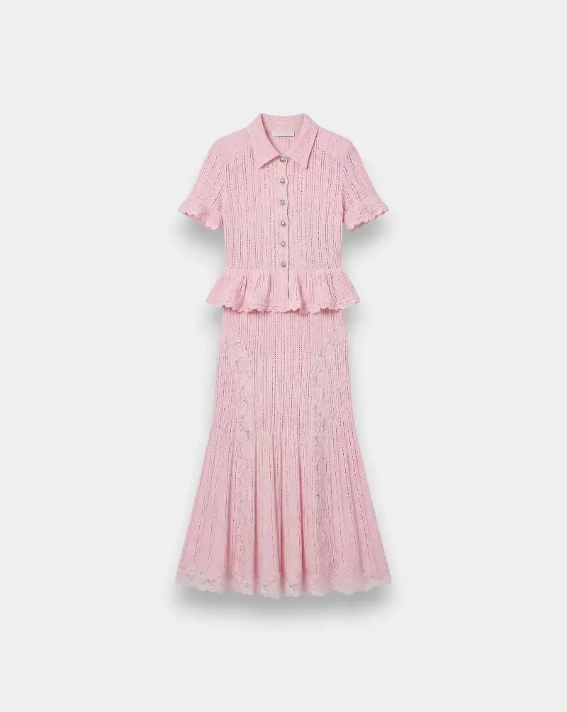 Vestido Self Portrait Pink Pointelle Peplum Knit Midi Dress