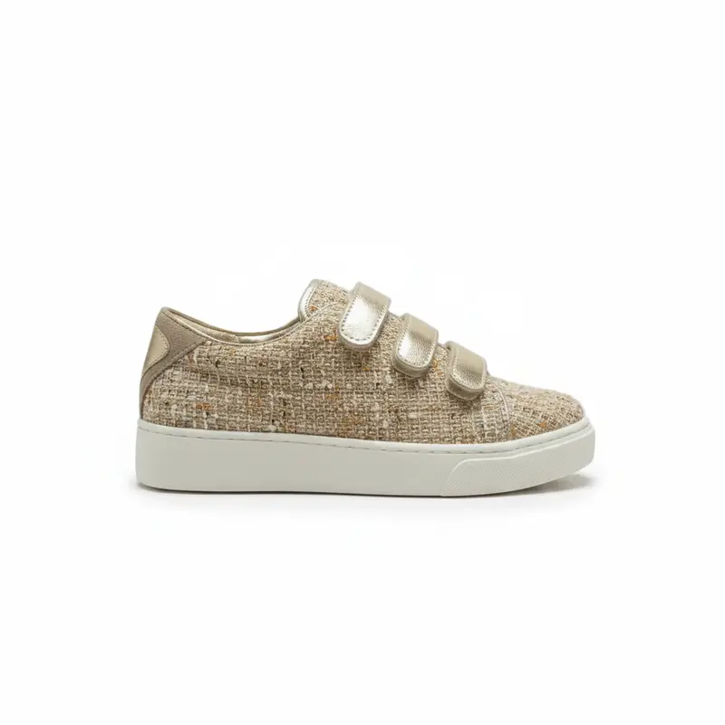 Zapatillas sneakers con diseño tejido y cierre de velcro tonos marrones y oro